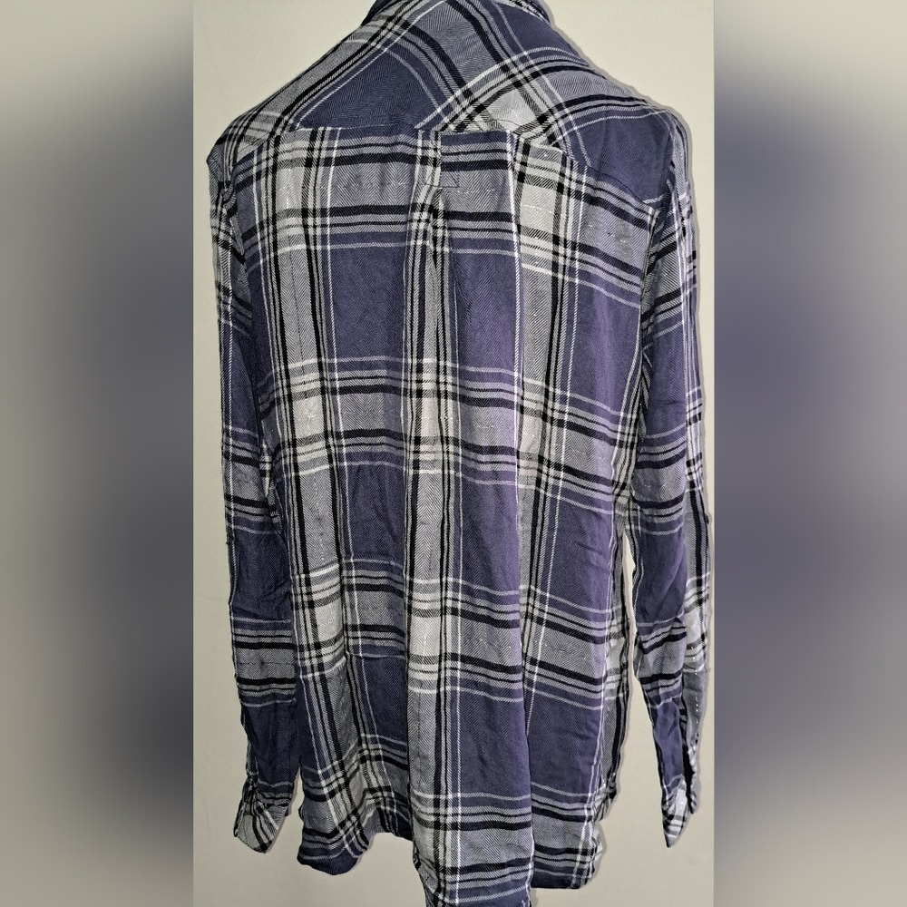 KUT from the Kloth Blue Plaid Metallic Shimmer Button Down Shirt Large - Picture 5 of 7